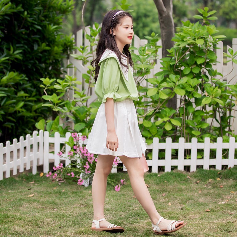 Girls suit 2025 Summer New Parcel Suit Big Childrens Summer Shirt Childrens Pleated Skirt Two-piece Set green shirt  - Image 5