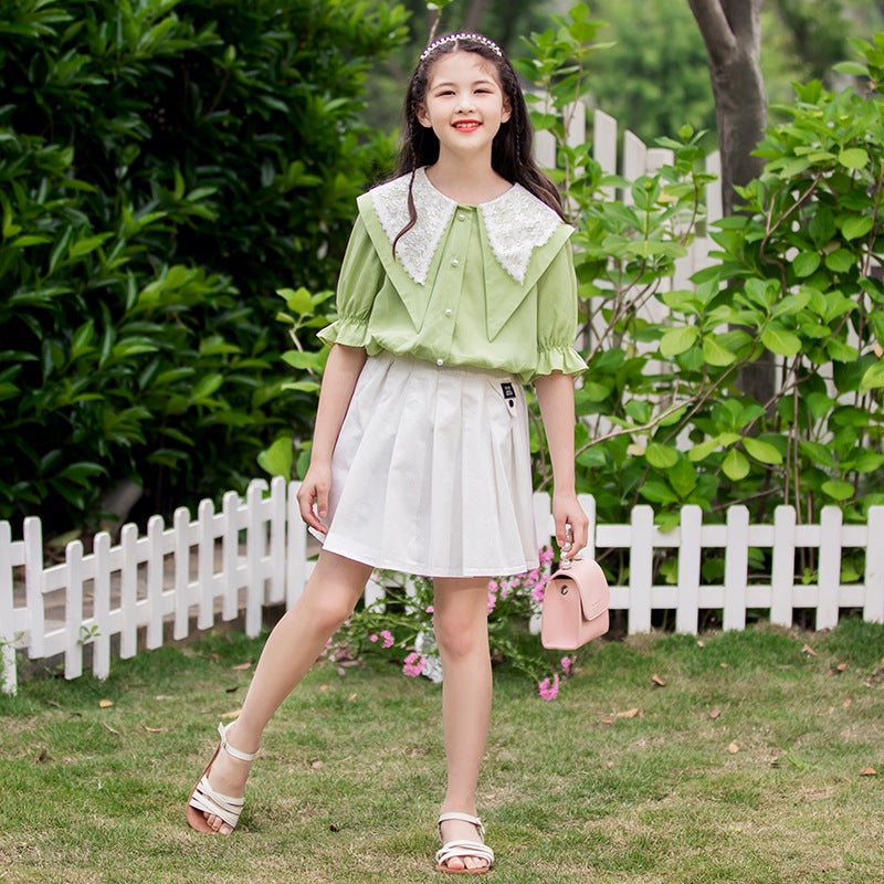 Girls suit 2025 Summer New Parcel Suit Big Childrens Summer Shirt Childrens Pleated Skirt Two-piece Set green shirt  - Image 4