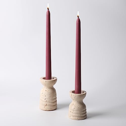 WORHE Candle Holders Italy True Natural Travertine Stone Set of 2 Premium Marble Candlestick Holder for Wedding Dinning Party Candle Stand for Dia 34 Taper Pillar Candles Color Beige CH6065YL - Image 3
