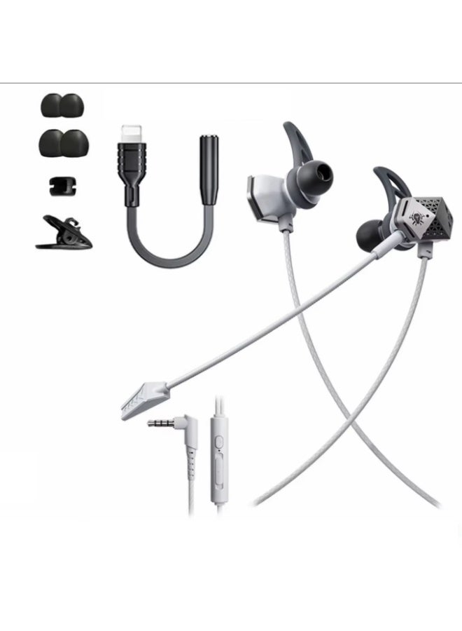 Plextone RX3 SPACESHIP Wired Gaming Earphones with 3.5mm AUX Jack and Lightning Connector for iPhone and iPad with Lightning Port in All Models with Long Noise Cancelling Microphone. Silicone ear hook design, soft, light and comfortable on the ear. Cable length 120cm. Color: Grey. - Image 1