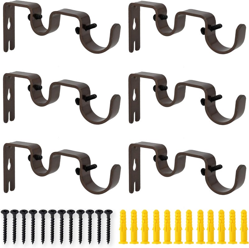 AddGrace 6 PCS Double Curtain Rod Bracket Heavy Duty Curtain Rod Holders for 1" and 5/8" Drapery Pole Adjustable Wall Mounted Drapery Pole Brackets for Living Room Bedroom Brown - Image 1