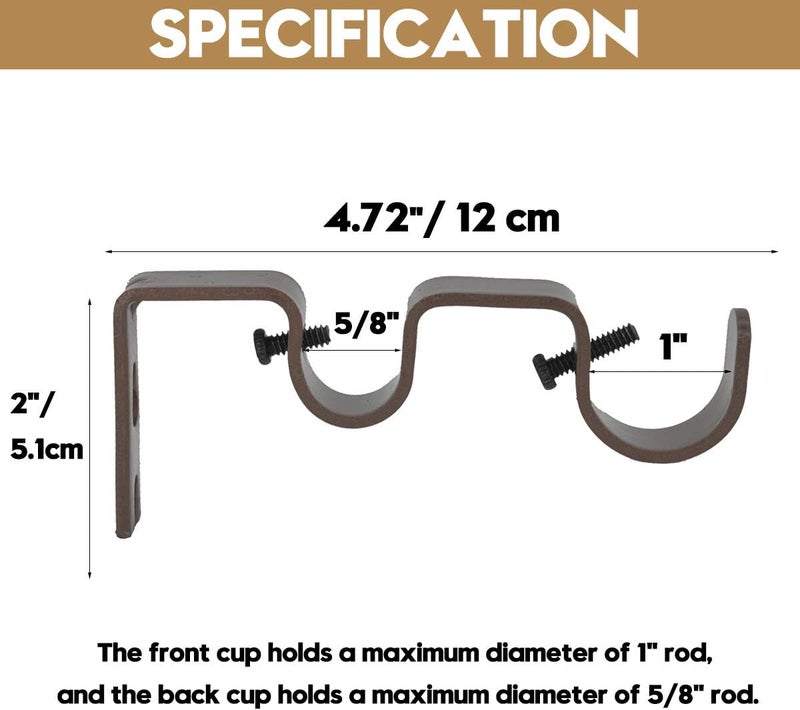 AddGrace 6 PCS Double Curtain Rod Bracket Heavy Duty Curtain Rod Holders for 1" and 5/8" Drapery Pole Adjustable Wall Mounted Drapery Pole Brackets for Living Room Bedroom Brown - Image 2