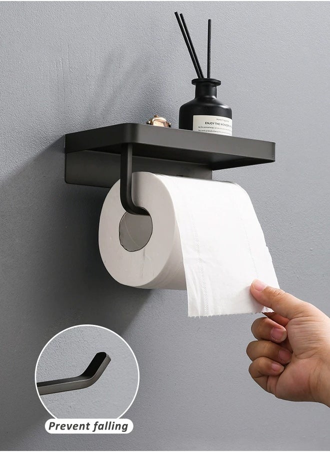 Generic Toilet Paper Holder with Phone Shelf, Adhesive Wall Mount Toilet Tissue Roll Holder, Rustproof & Multifunctional Stainless Steel Bathroom Storage Dispenser Command Strip Toilet Paper Roll Holder (Black)  - Image 1