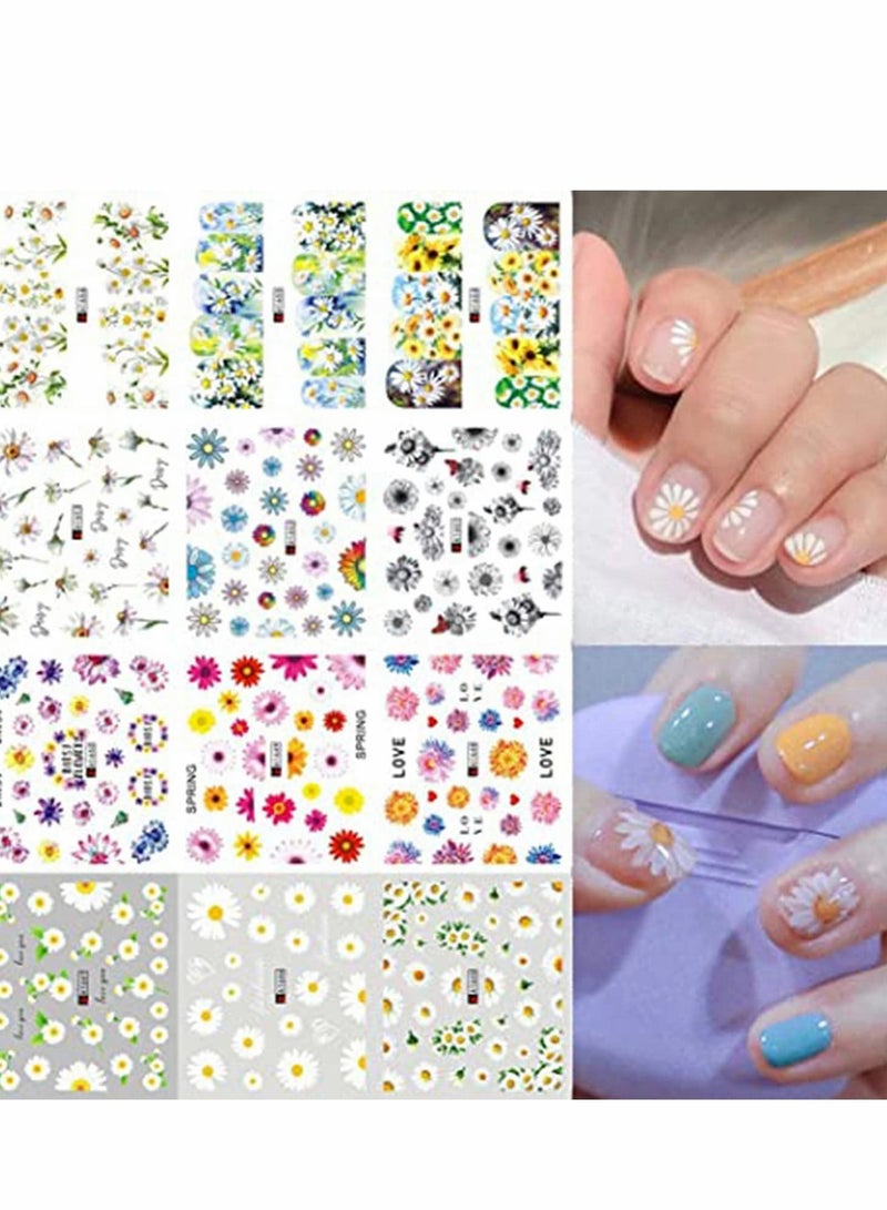 Excefore Daisy Nail Water Stickers Decals, Sunflower Art Sticker, Summer Decorations, Small Daisies Flower Designs Stickers, Tips DIY Accessories 12PCS - Image 1