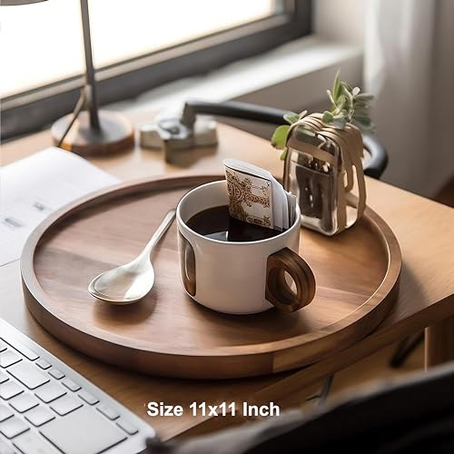 FLIPSSHOPPEE Round Decorative Tray Rustic Wooden Coffee Table Trays Home Decor Farmhouse Centerpiece Serving Trays for Food Drinks Ottoman Kitchen Countertop Set of 1 - Image 2