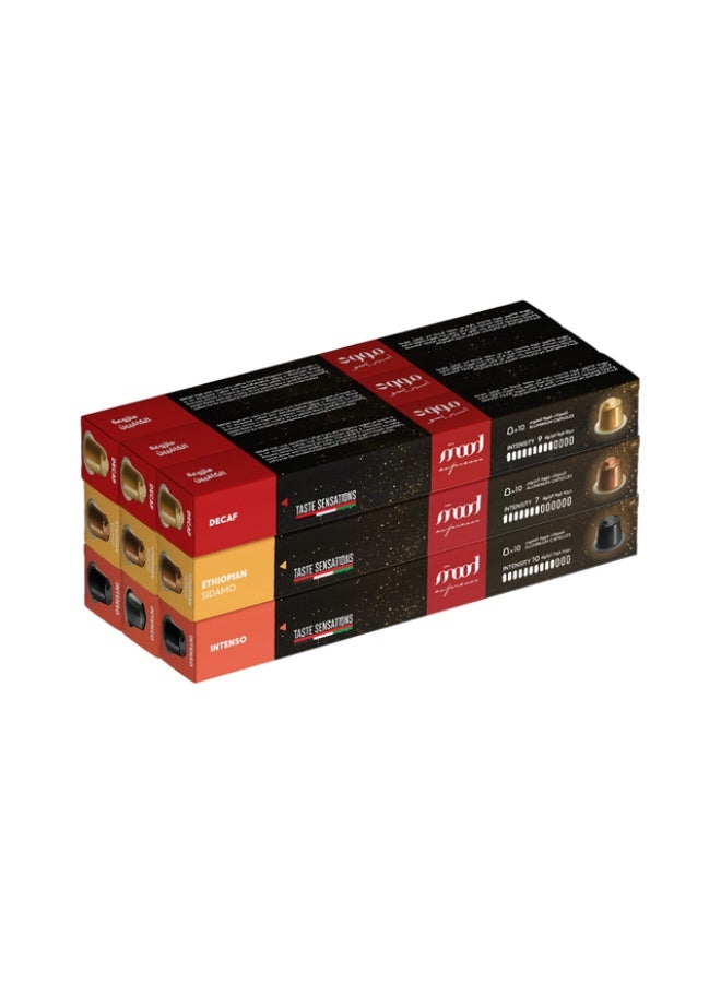 Nespresso Compatible Capsules (3 Flavors: Intenso, Ethiopian Sidamo, Decaf), Pack of 9 (90 Capsules)