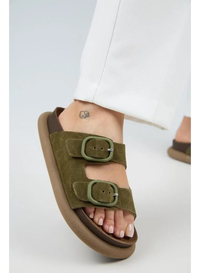 (Lavanda 2) Women's Genuine Leather Double Buckle Khaki Slippers.