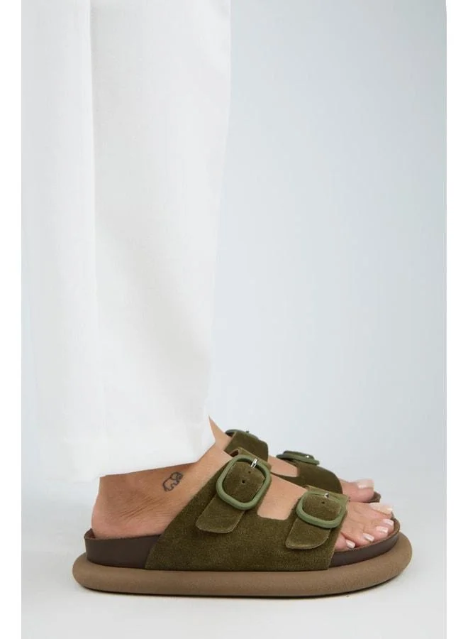 Manijero  (Lavanda 2) Women's Genuine Leather Double Buckle Khaki Slippers. for Women | Best Price UAE
