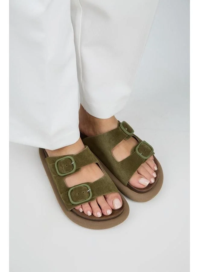 Manijero  (Lavanda 2) Women's Genuine Leather Double Buckle Khaki Slippers. for Women | Best Price UAE