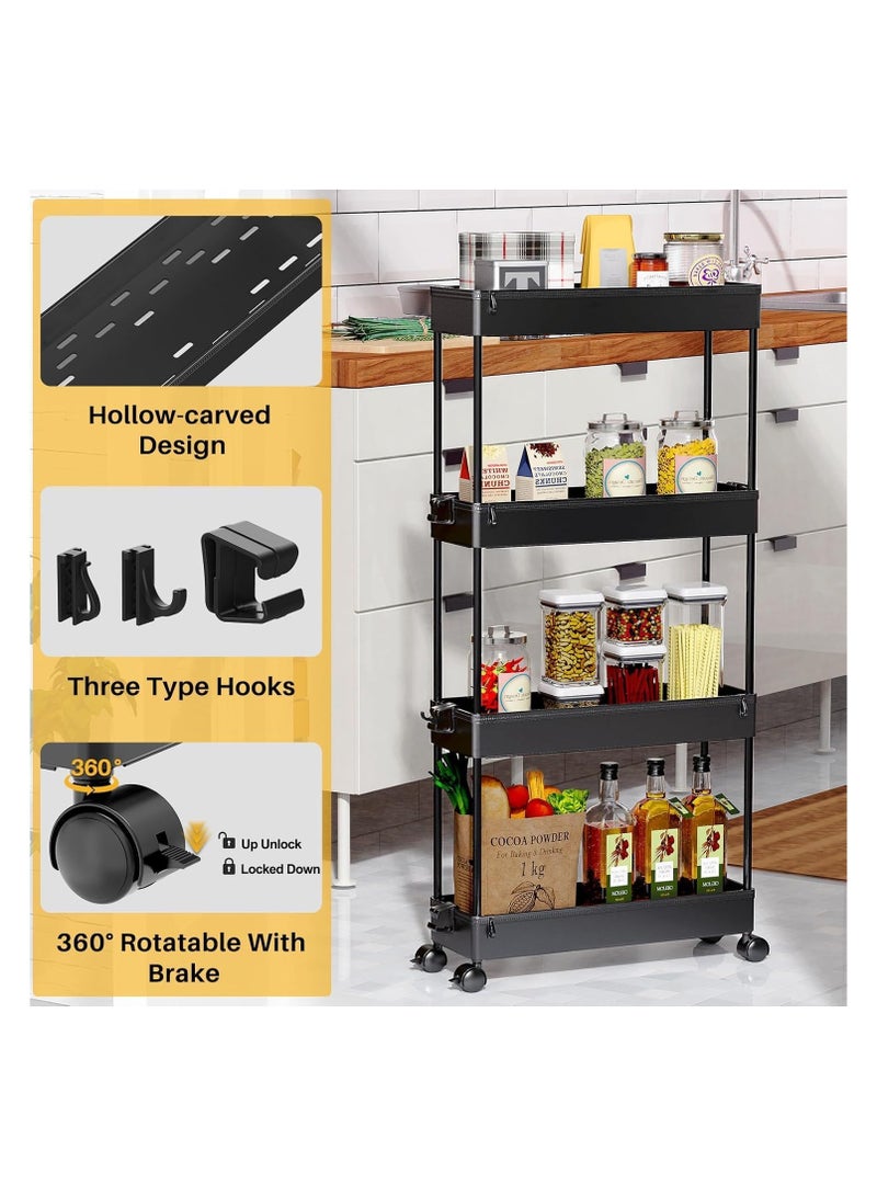 Beauenty Slim Storage Cart 4 Tier Mobile Shelving Unit Organizer, Utility Rolling Shelf Cart with Wheels for Bathroom Kitchen Bedroom Office Laundry Narrow Places (Black) - Image 5