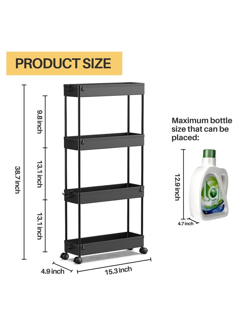 Beauenty Slim Storage Cart 4 Tier Mobile Shelving Unit Organizer, Utility Rolling Shelf Cart with Wheels for Bathroom Kitchen Bedroom Office Laundry Narrow Places (Black) - Image 2