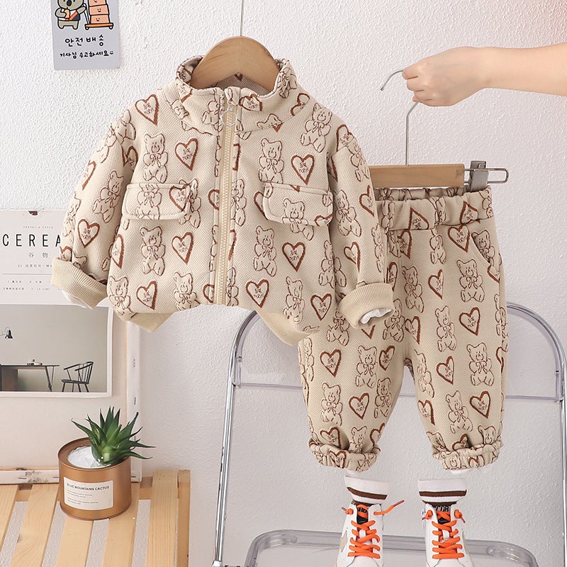 2025 spring new boys and girls jacquard stand collar zipper shirt long sleeve suit baby casual trousers two-piece set Khaki