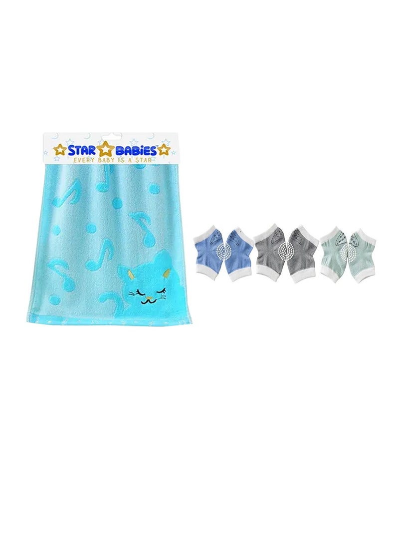 STAR BABiES Star Babies - Combo Pack of 2- Boys Anti-Slip Crawling Kneepads Pack of 3 with Bamboo Towel - Blue  - Image 1