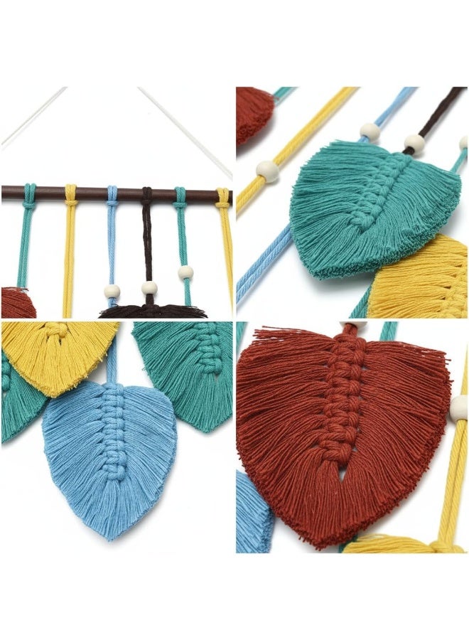 Bluejw Macrame Wall Hanging Nursery Decor Leaves Woven Tapestry Feather Handmade Yarn Tassels Boho Wall Decor for Bedroom Living Room Apartment Home Backdrop - Image 4