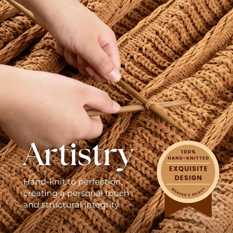 DOWN HOME Boho Knitted Chenille Blanket with Tassels - Lightweight & Soft All-Season Throw - 3D Classic Pattern for Living Room Bedroom Couch, Amber Brown, Throw 50"x60" - Image 3