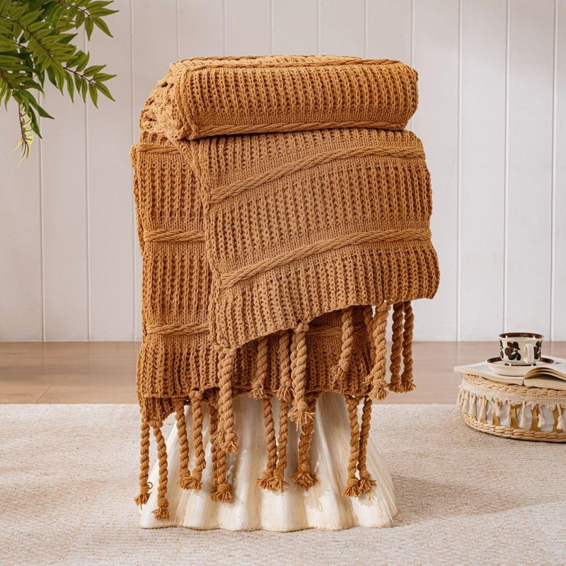 DOWN HOME Boho Knitted Chenille Blanket with Tassels - Lightweight & Soft All-Season Throw - 3D Classic Pattern for Living Room Bedroom Couch, Amber Brown, Throw 50"x60" - Image 1