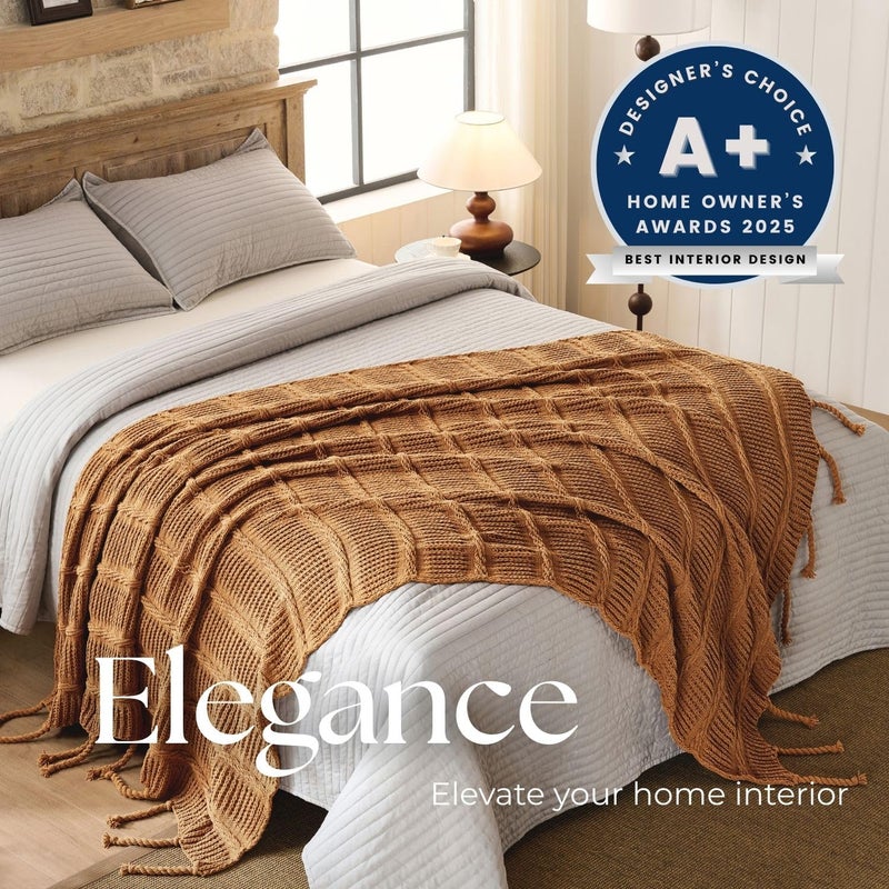 DOWN HOME Boho Knitted Chenille Blanket with Tassels - Lightweight & Soft All-Season Throw - 3D Classic Pattern for Living Room Bedroom Couch, Amber Brown, Throw 50"x60" - Image 2