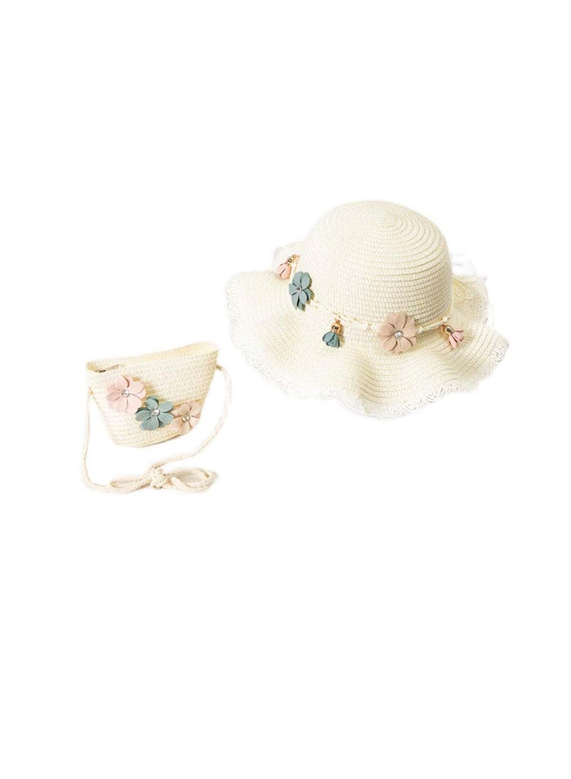 Excefore قبعة واسعة الحواف للفتيات الصغيرات مزينة بالزهور مع حقيبة كتف لطيفة - Image 1