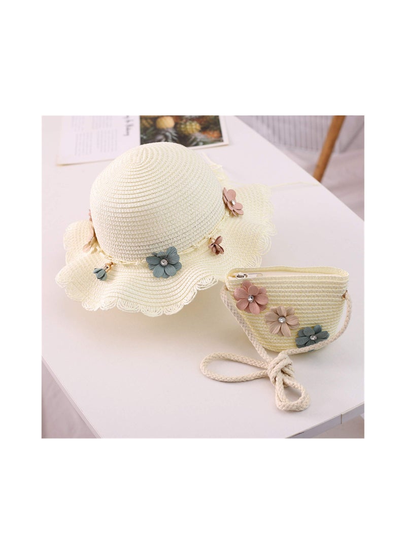 Excefore قبعة واسعة الحواف للفتيات الصغيرات مزينة بالزهور مع حقيبة كتف لطيفة - Image 2