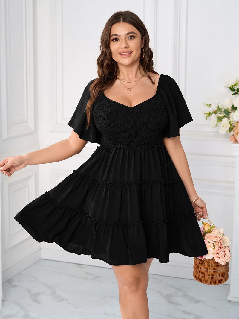 SHESTARR Womens Plus Size Casual Mini Dress Sweetheart Neckline Short Flutter Sleeve Smocked A Line Tiered Ruffle Dresses Black - Image 2