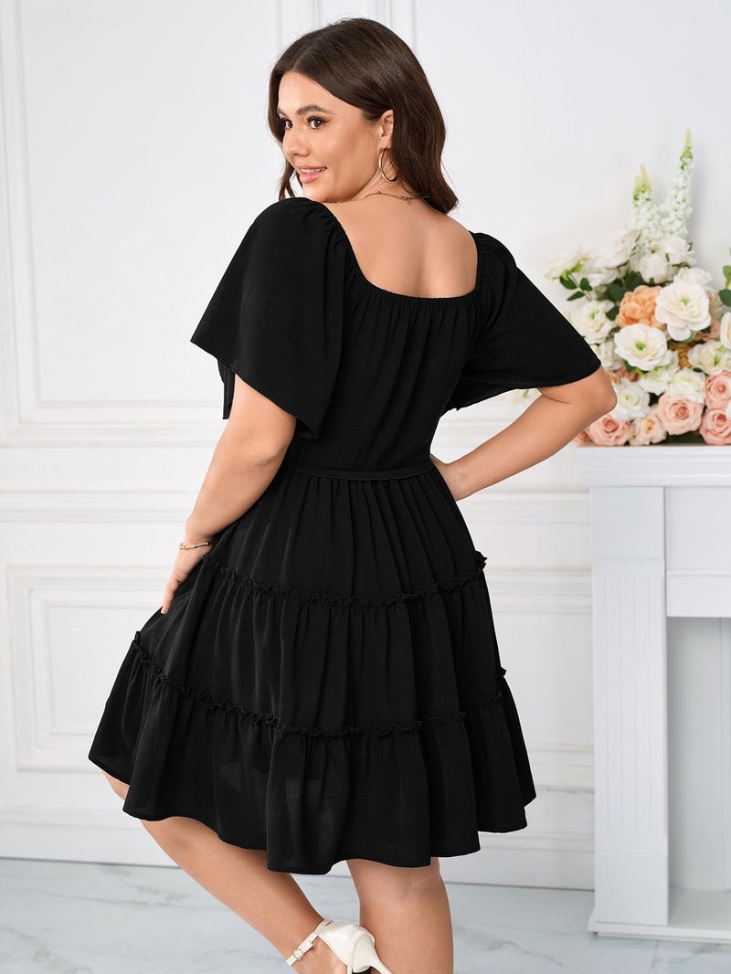 SHESTARR Womens Plus Size Casual Mini Dress Sweetheart Neckline Short Flutter Sleeve Smocked A Line Tiered Ruffle Dresses Black - Image 4