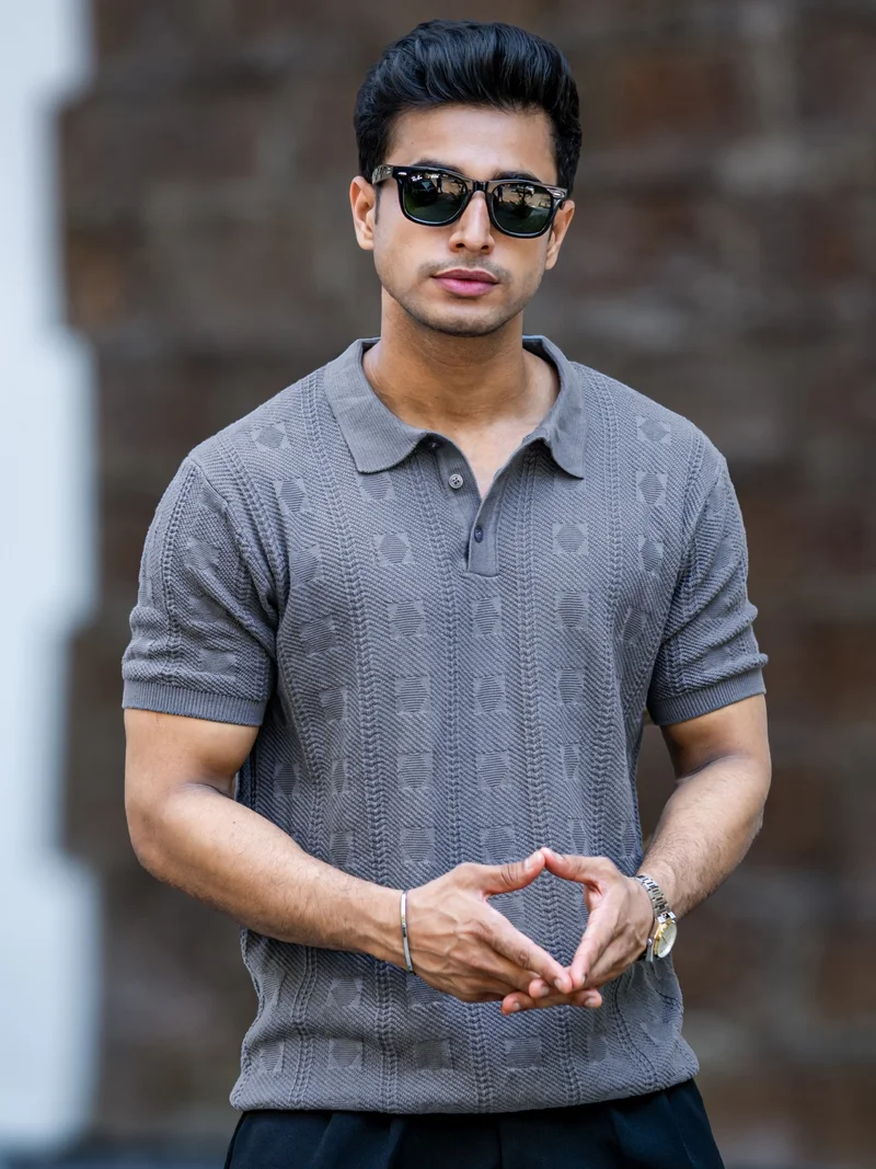 Maniac Maniac Mens Emerald Textured Grey Polo Neck Half Sleeve Cotton Tshirt