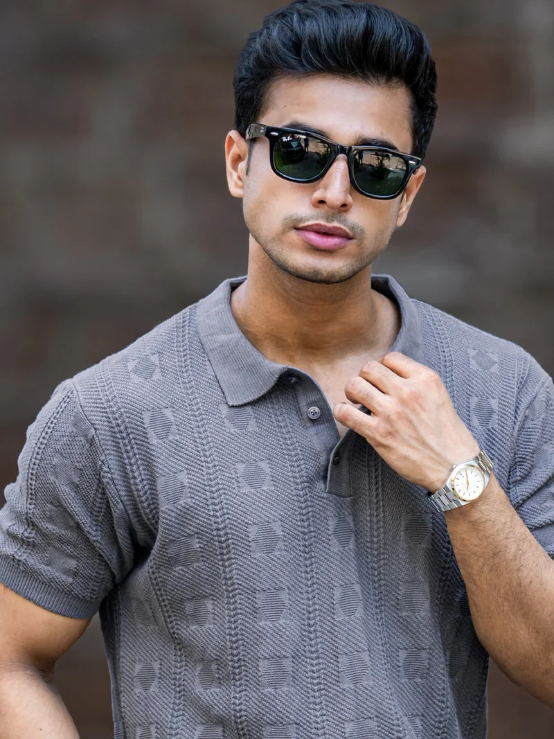 Maniac Maniac Mens Emerald Textured Grey Polo Neck Half Sleeve Cotton Tshirt