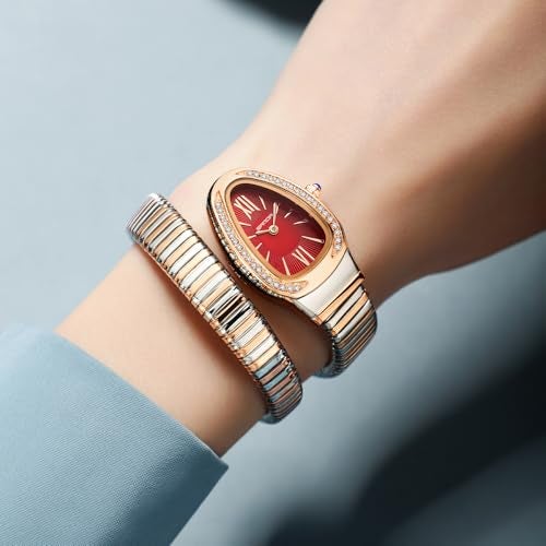 Gosasa Stylish Women's Snake Shape Bangle Watch Unique Design Snake Coil Elegant Dress Diamond Bracelet Ladies Quartz Wristwatch with Roman Numerals Dial - Image 2