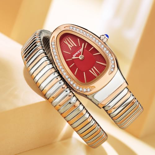 Gosasa Stylish Women's Snake Shape Bangle Watch Unique Design Snake Coil Elegant Dress Diamond Bracelet Ladies Quartz Wristwatch with Roman Numerals Dial - Image 3