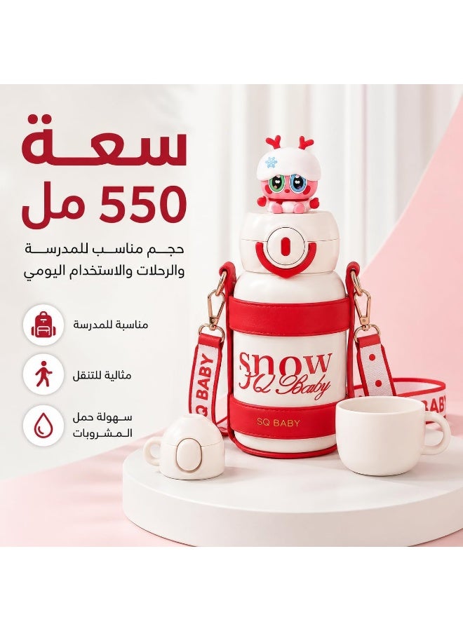 A unique cartoon-designed thermal water bottle for children and the elderly (Snow SQ Baby) - a large-capacity thermos that keeps water hot or cold, with a shoulder strap, small pouch, and extra cup lid. - Image 4
