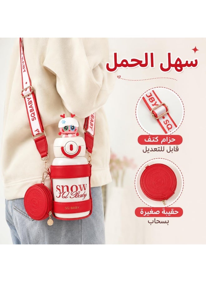 A unique cartoon-designed thermal water bottle for children and the elderly (Snow SQ Baby) - a large-capacity thermos that keeps water hot or cold, with a shoulder strap, small pouch, and extra cup lid. - Image 3