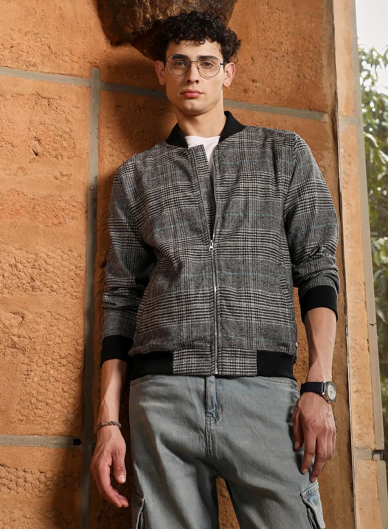 كامبوس سوترا Men's Midnight Black & Sky Blue Tartan-Plaid Bomber Jacket | Baseball Collar , Ribbed Cuff Sleeves , Zipper Closure , Ribbed-Straight Hem | Plaid Jacquard For Casual & Daily Wear