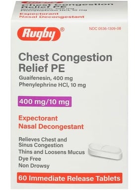 RUGBY LABORATORIES Rugby Chest Congestion Relief PE Guaifenesin 400 Mg/Phenylephrine HCl 10 Mg - Expectorant Nasal Decongestant - Relieves Chest and Sinus Congestion - 60 Immediate Release Tablets 