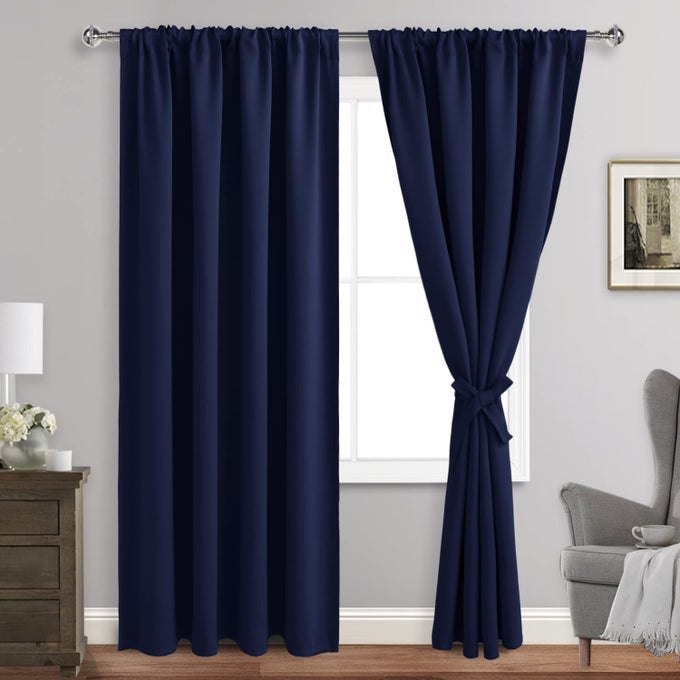 BLACKOUT CURTAINS FOR BEDROOM THERMAL INSULATED ROOM DARKENING ROD POCKET CURTAINS FOR LIVING ROOM SET OF 2 PANELS WITH TIEBACKS 42 X 84 INCH LENGTH NAVY BLUE