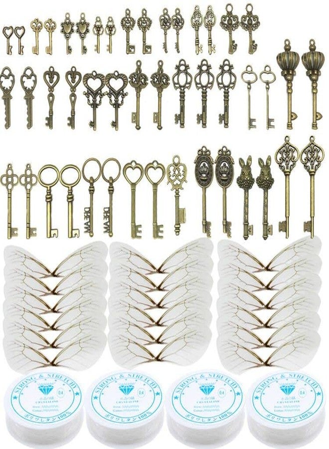 Waybas 46 PCS Antique Bronze Vintage Skeleton Keys Charms Potter Flying Keys Enchanted Key With 50 Pairs Dragonfly Wings and 105 Yards Fishing Line For Jewelry Making Necklace Crafts - Image 1
