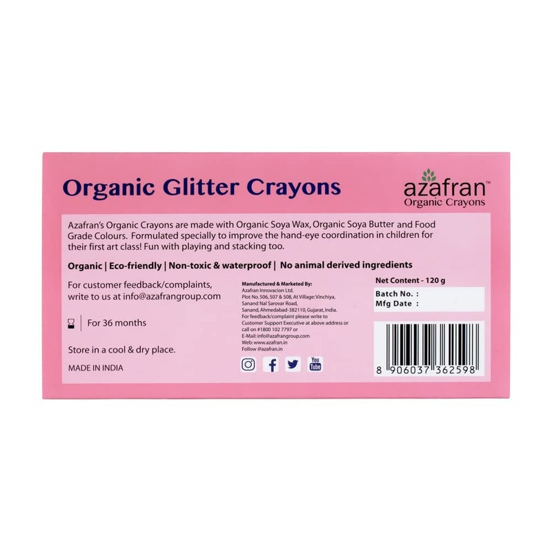 Azafran Organics 8 Jumbo Glitter Non-Toxic Block Crayons, Plant Based, Clinically Tested Baby Safe, Hypoallergenic, For Pre School Kids, No Harmful Chemicals, Multicolor - Image 5