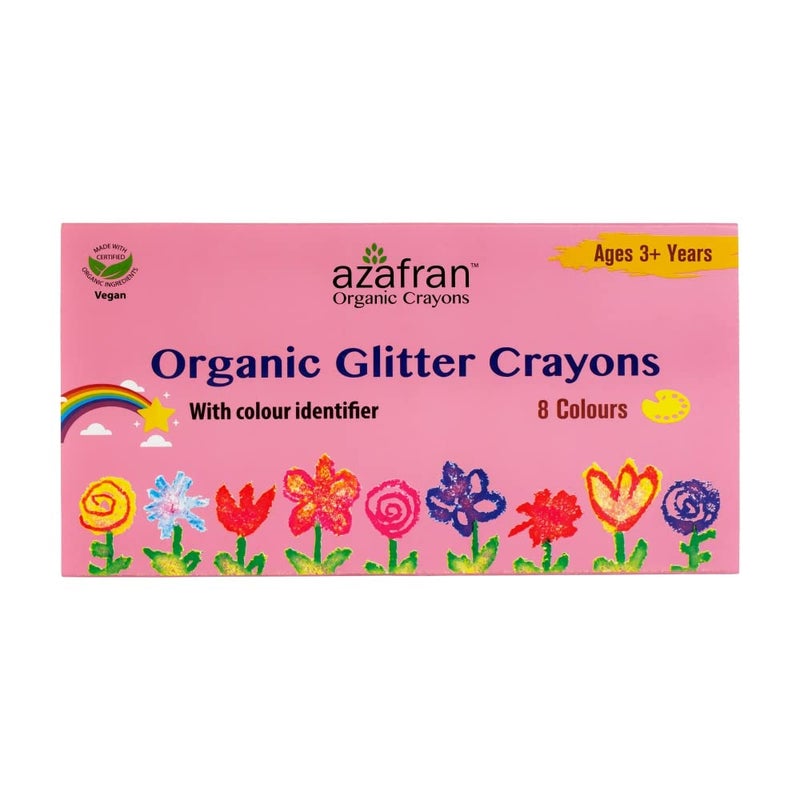 Azafran Organics 8 Jumbo Glitter Non-Toxic Block Crayons, Plant Based, Clinically Tested Baby Safe, Hypoallergenic, For Pre School Kids, No Harmful Chemicals, Multicolor - Image 1