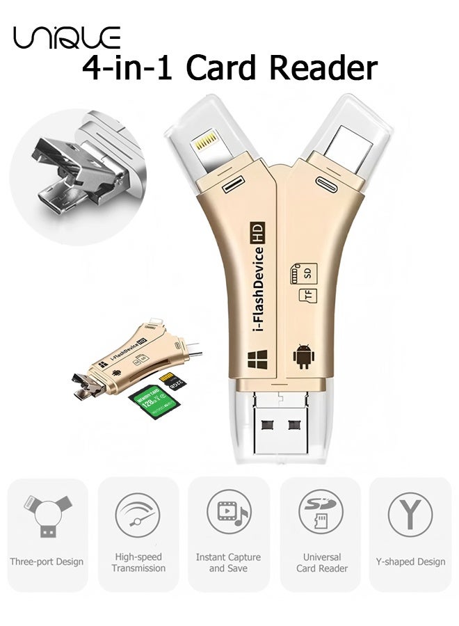 يونيك قارئ بطاقات الذهب - جهاز فلاش 4 في 1 لمحولات بطاقات SD للهواتف المحمولة، الحاسوب، الماك، أندرويد، كاميرات الألعاب الخارجية لقراءة بطاقات SD و TF عبر منفذ Micro USB 2.0 OTG - Image 1