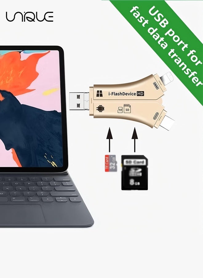 يونيك قارئ بطاقات الذهب - جهاز فلاش 4 في 1 لمحولات بطاقات SD للهواتف المحمولة، الحاسوب، الماك، أندرويد، كاميرات الألعاب الخارجية لقراءة بطاقات SD و TF عبر منفذ Micro USB 2.0 OTG - Image 5