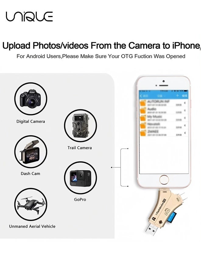 يونيك قارئ بطاقات الذهب - جهاز فلاش 4 في 1 لمحولات بطاقات SD للهواتف المحمولة، الحاسوب، الماك، أندرويد، كاميرات الألعاب الخارجية لقراءة بطاقات SD و TF عبر منفذ Micro USB 2.0 OTG - Image 4