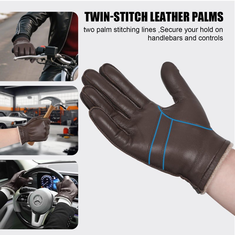 GSG SINCE 1998 GSG Mens Chrome-Free Sheepskin leather driving gloves, Winter Warm Wool Touchscreen Dress Glove-Cold Weather Motorcycle Texting,Tan,M - Image 4