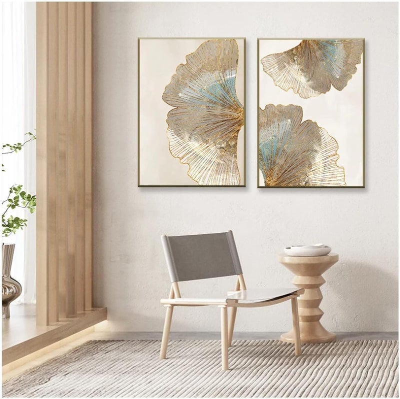 ARS Abstract Wall Art Geometric Gold Leaf Flower Texture Art Canvas Painting Home Decoration Poster Print Wall Picture For Living Room Wall Decoration,With Frame,40X60Cm*2Pcs - Image 1