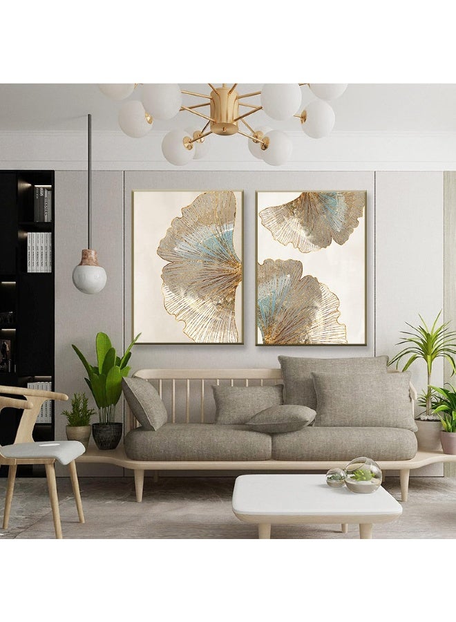 ARS Abstract Wall Art Geometric Gold Leaf Flower Texture Art Canvas Painting Home Decoration Poster Print Wall Picture For Living Room Wall Decoration,With Frame,40X60Cm*2Pcs - Image 2