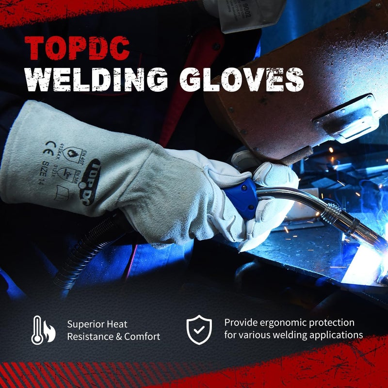 TOPDC Premium Goatskin Leather Welding Gloves, Split Cowhide Back, TIG Welding Gloves with Reinforced Palm Thumb Index Finger (Grey-White, 14 Inch Large) - Image 2