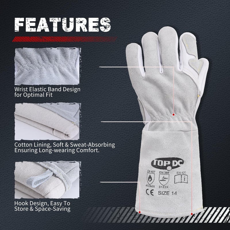 TOPDC Premium Goatskin Leather Welding Gloves, Split Cowhide Back, TIG Welding Gloves with Reinforced Palm Thumb Index Finger (Grey-White, 14 Inch Large) - Image 4