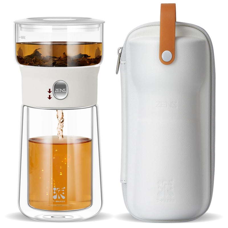 ZENS Modern Tea Pot, Glass Teapot with Infusers for Loose Tea Diffusers with One Touch Pouring, Cool Portable Tea Maker with Insulated Tea Mug and Travel Tea Kits for Tea Lover Gifts - Image 1