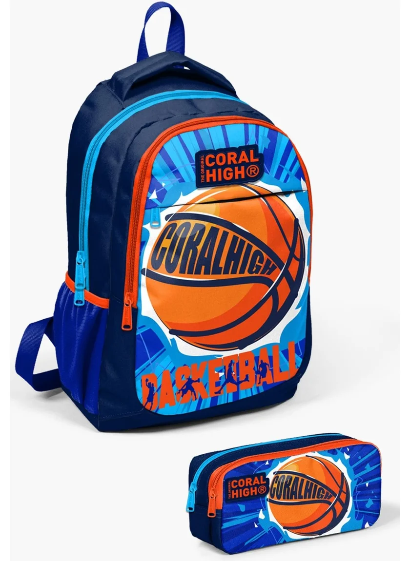 CORAL HIGH Kids Navy Blue Basketball Patterned 2-Piece School Bag Set SET0214405