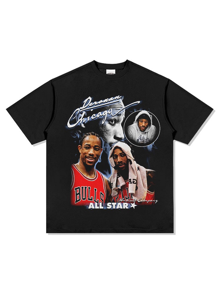 DeRozan DeMar DeRozan Print High Street Long Sleeve Short Sleeve T-shirt Vintage Washed Heavy Top - Image 4