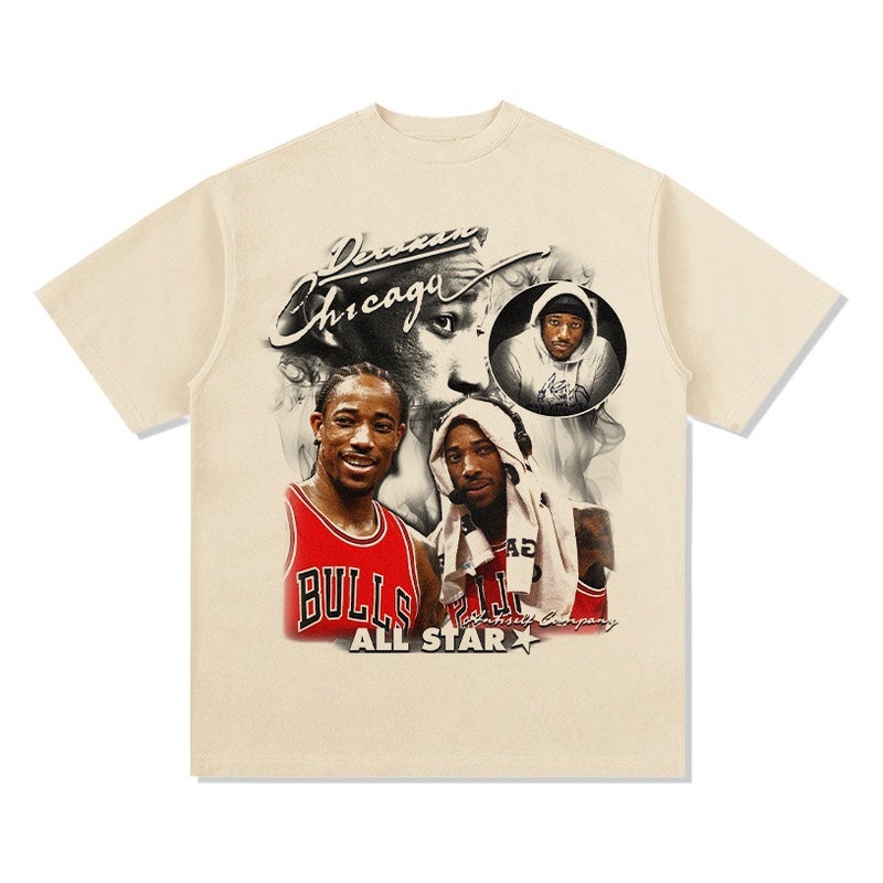 DeRozan DeMar DeRozan Print High Street Long Sleeve Short Sleeve T-shirt Vintage Washed Heavy Top - Image 2