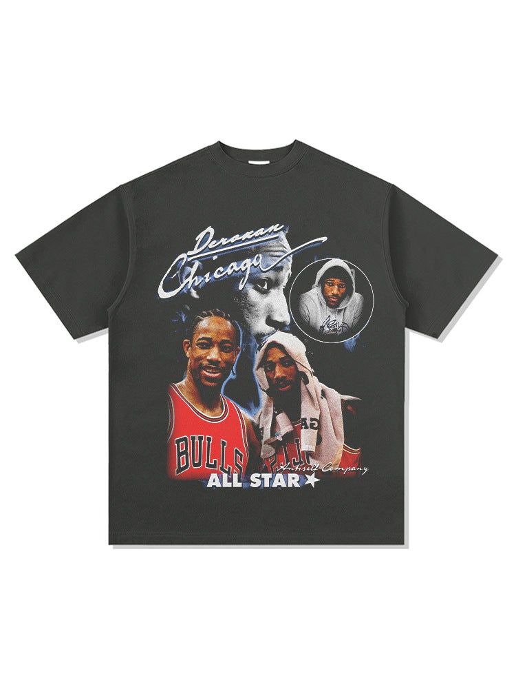 DeRozan DeMar DeRozan Print High Street Long Sleeve Short Sleeve T-shirt Vintage Washed Heavy Top - Image 5